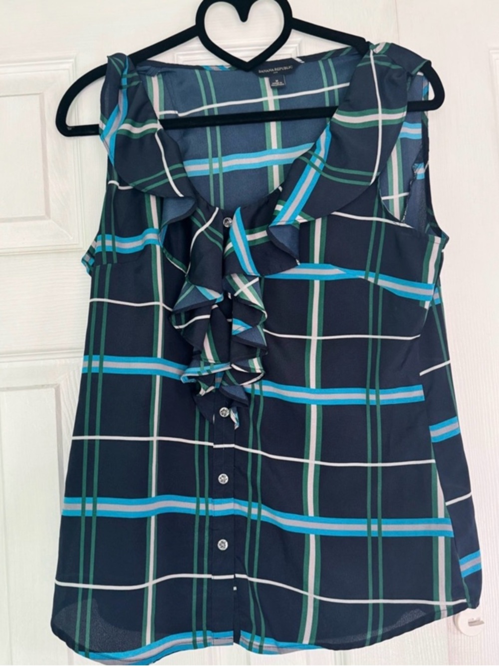 Banana Republic Navy Plaid Ruffle Button-Front Sleeveless Top